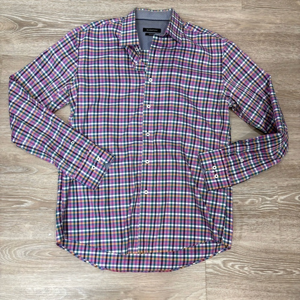BUGATCHI Shaped Fit Lightweight Cotton Colorful Plaid Shirt M